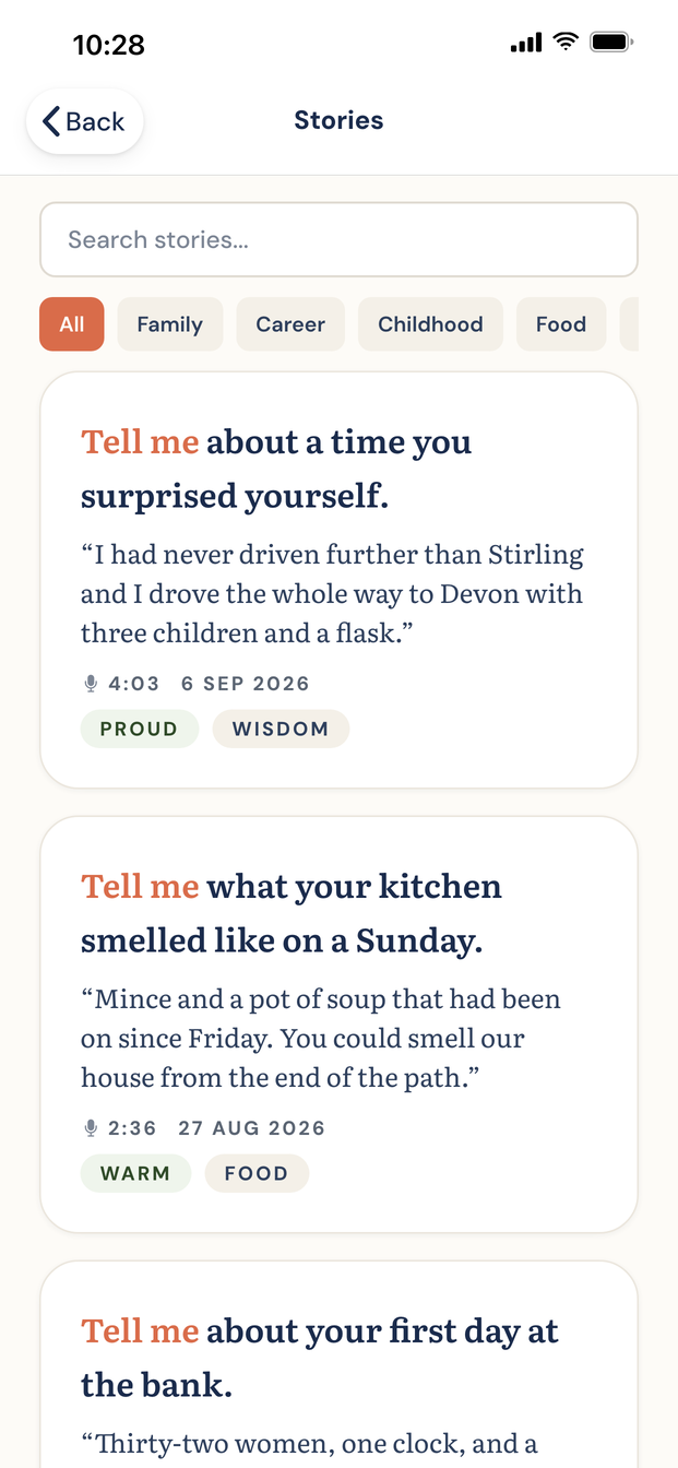 The Tell Me app showing Mum's stories: a search box, category filters, and cards beginning “Tell me about a time you surprised yourself” and “Tell me what your kitchen smelled like on a Sunday”