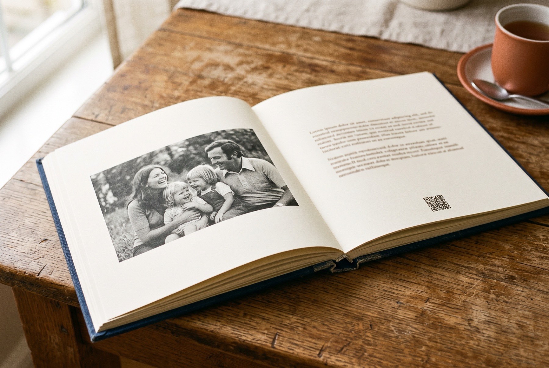 A Tell Me book open on a table, a QR code beside one of the stories